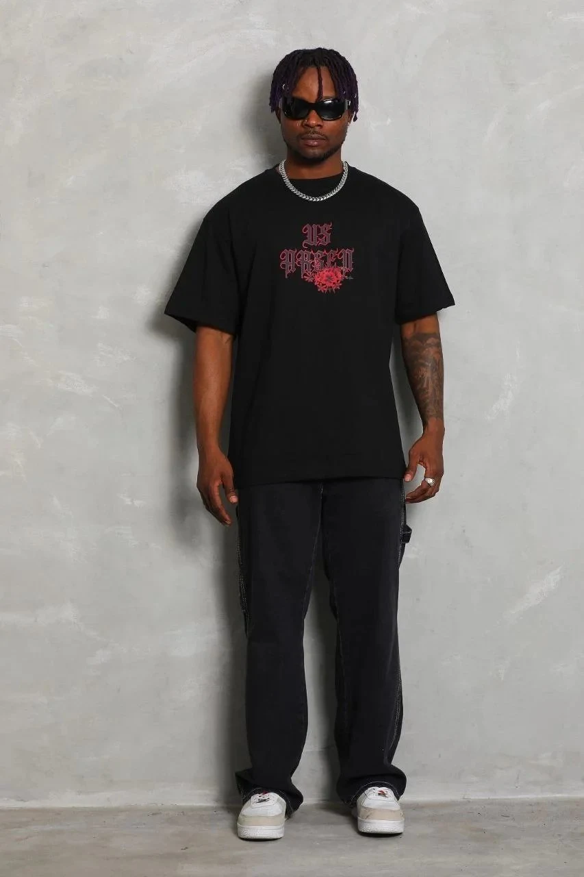 Kişi Qara Oversize Velosiped Yaxalı Çap Qısa Qol T-Shirt