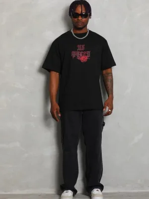 Kişi Qara Oversize Velosiped Yaxalı Çap Qısa Qol T-Shirt