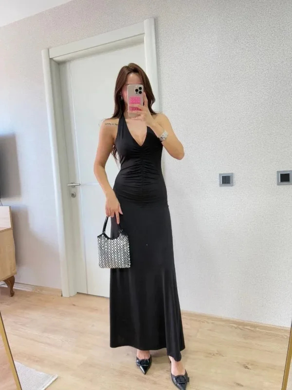 Neagra Decolteu Spate Lunga Femeie 8