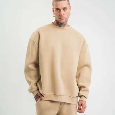 Férfi Bézs Hosszú Ujjú Kerékpárnyakú 3 Szálas Pamut Vastag Sweatshirt 5