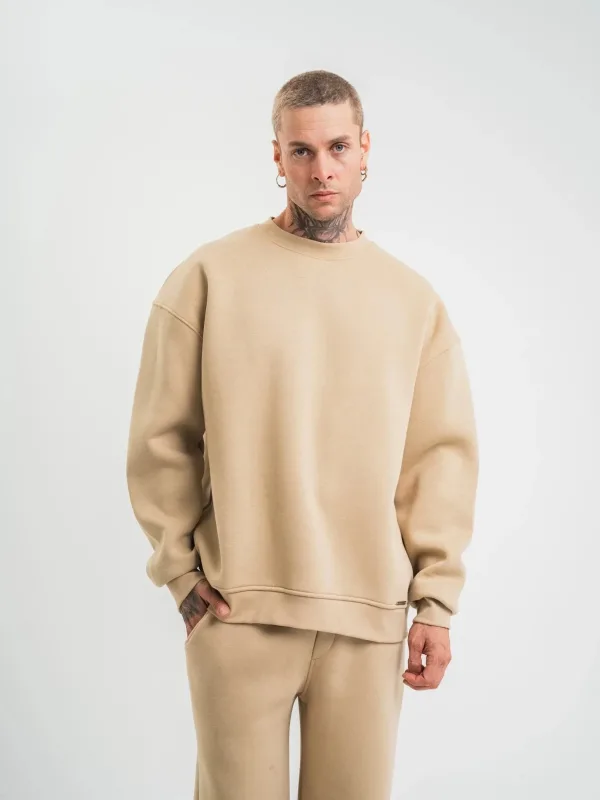 Férfi Bézs Hosszú Ujjú Kerékpárnyakú 3 Szálas Pamut Vastag Sweatshirt 5