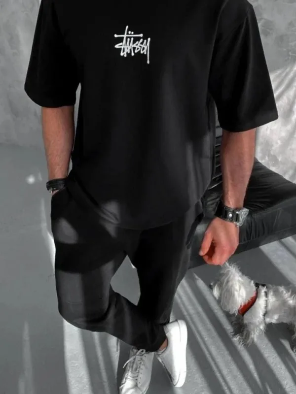 Ανδρικό Μαύρο Oversize Ποδήλατο Λαιμός Τυπωμένο Μπλουζάκι 1
