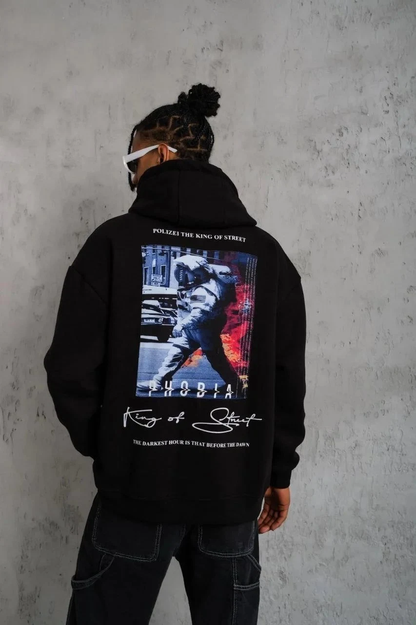Muški crni oversize 3-niti pamučni s kapuljačom tiskani sweatshirt