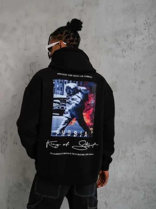 Muški crni oversize 3-niti pamučni s kapuljačom tiskani sweatshirt 1