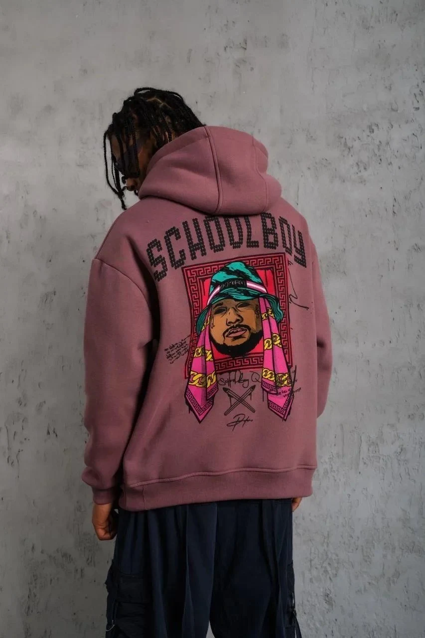 Men's Dusty Rose Oversize 3-Thread Cotton Hooded Printed Sweatshirt