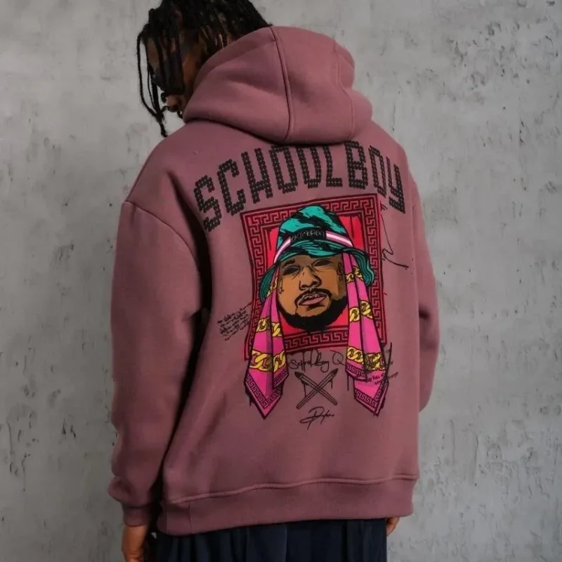 Men's Dusty Rose Oversize 3-Thread Cotton Hooded Printed Sweatshirt