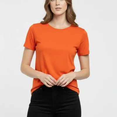 Γυναικείο Πορτοκαλί Slim Fit Στρογγυλή Λαιμόκοψη Με Λύκρα Βασικό T-Shirt 3