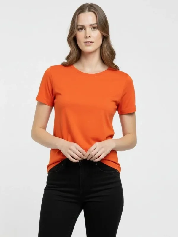Γυναικείο Πορτοκαλί Slim Fit Στρογγυλή Λαιμόκοψη Με Λύκρα Βασικό T-Shirt 3