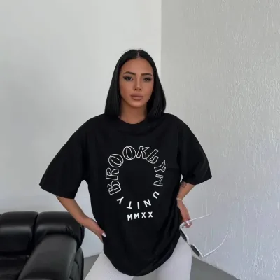 Ženska Crna Oversize Bicikli Kragna Print Majica 3