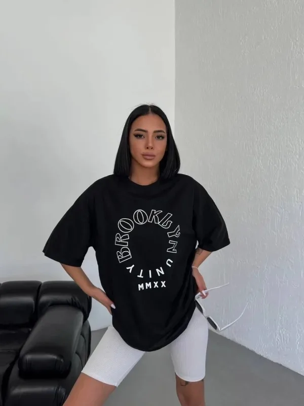 Ženska Crna Oversize Bicikli Kragna Print Majica 3