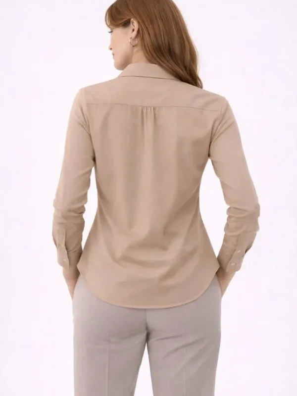 Women's Beige Long Sleeve Button Down Classic Collar Daily Office Shirt 4
