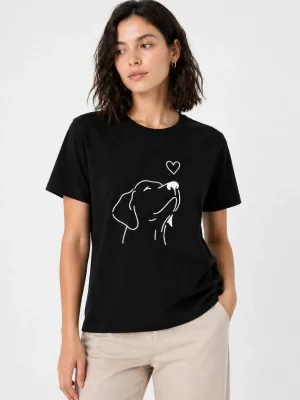 Femeie Tricou Negru cu Imprimeu Figură Câine Minimal, Mânecă Scurtă