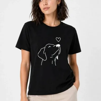 Femeie Tricou Negru cu Imprimeu Figură Câine Minimal, Mânecă Scurtă 1