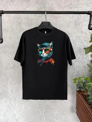 Dziecięcy czarny oversize z nadrukiem, kołnierz rowerowy T-shirt