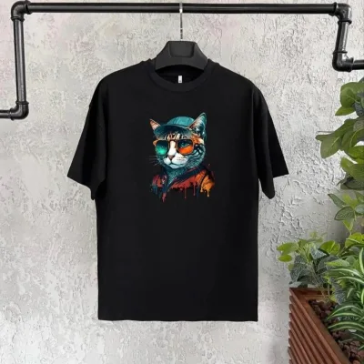 Dziecięcy czarny oversize z nadrukiem, kołnierz rowerowy T-shirt 1