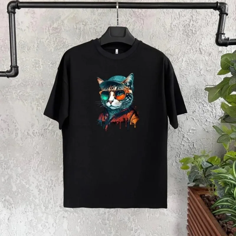 Dziecięcy czarny oversize z nadrukiem, kołnierz rowerowy T-shirt