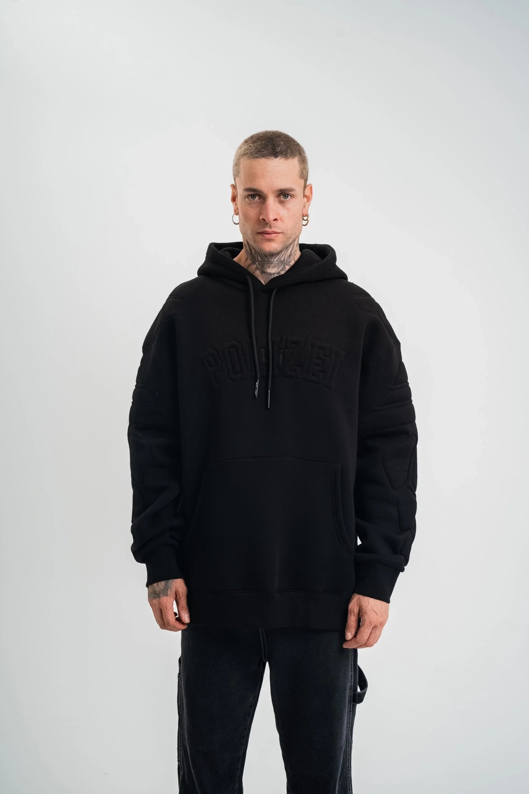 Erkek Siyah Oversize 3 İplik Pamuklu Nakışlı Kapüşonlu Sweatshirt