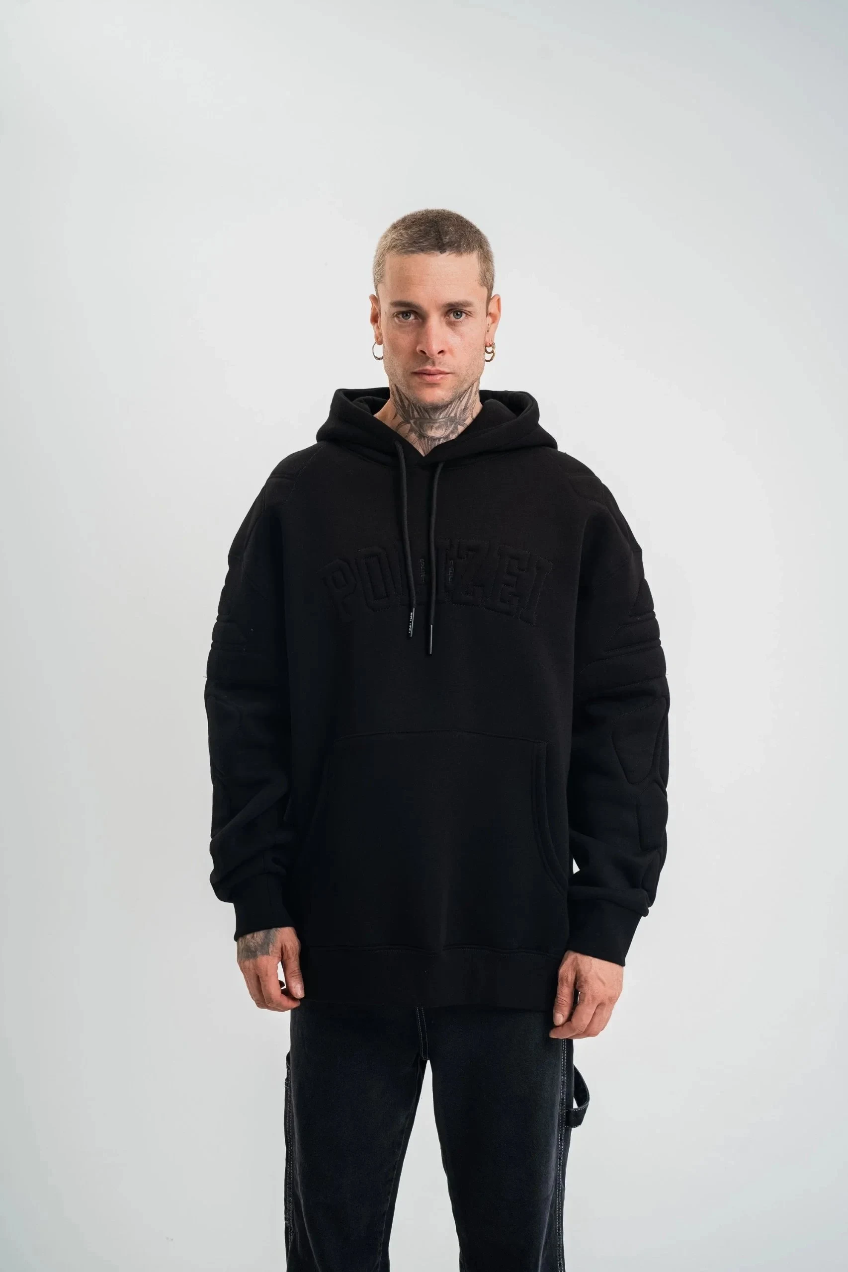 Men's Black Oversize 3-Thread Cotton Embroidered Hooded Sweatshirt