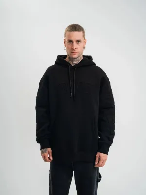 Ανδρικό Μαύρο Oversize 3-κλωνο Βαμβακερό Κεντητό Κουκουλοφόρο Sweatshirt