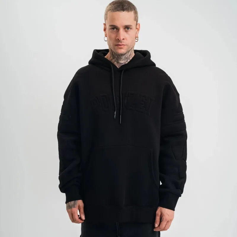 Pánský černý oversize 3-nitný bavlněný vyšívaná mikina s kapucí