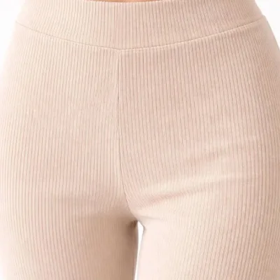 Dámské béžové vysoké pasové žebrované španělské elastické legíny 6