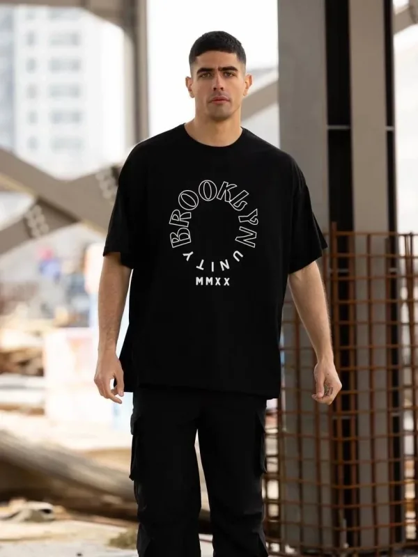 Kişi Qara Regular Fit Bisiklet Yaka Baskılı T-shirt 3