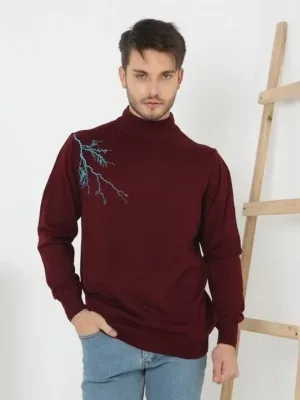 Muški bordo poluvisoki ovratnik s printom triko džemper