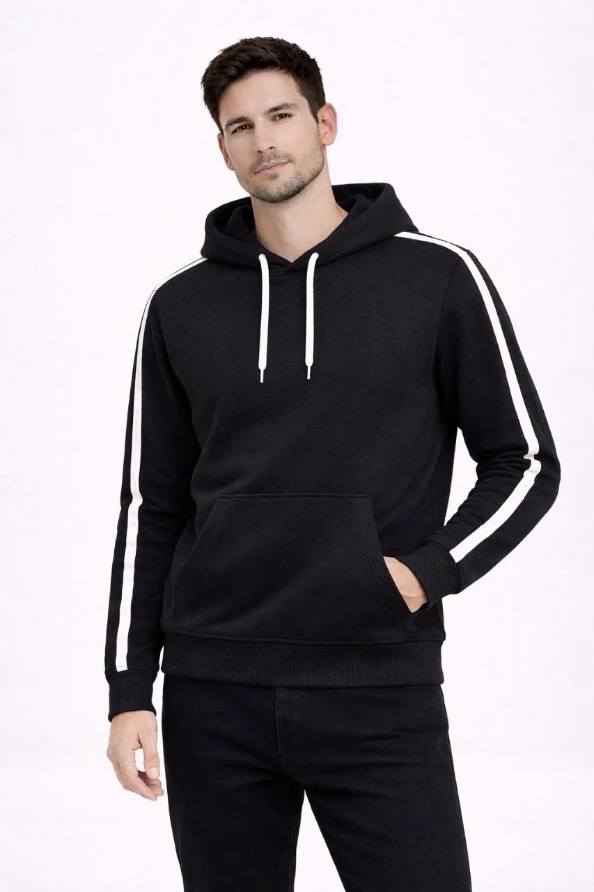 Ανδρικό Μαύρο Oversize 3-Κλωστή Βαμβακερό Ριγέ Κουκουλοφόρο Sweatshirt