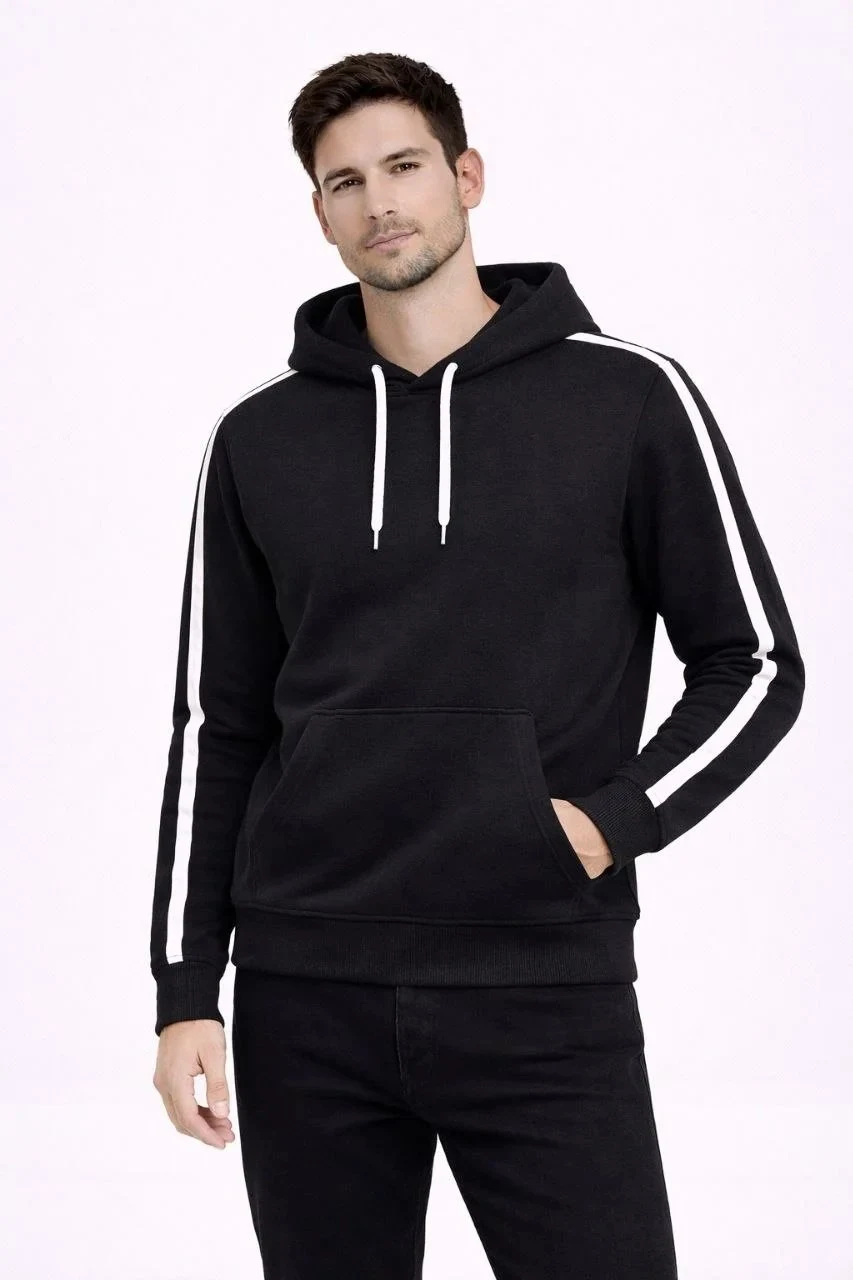 Sweatshirtê Mêran ê Reş, Oversize, 3 Têl Pembû, Bi Xêz, Bi Kapşon