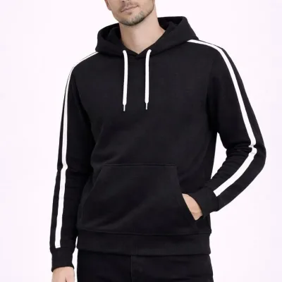 Męska czarna bawełniana bluza oversize 3-nitkowa z paskami i kapturem 1