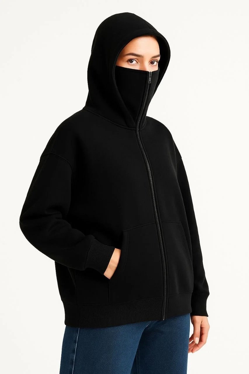 Γυναικείο Μαύρο 3-κλωνο Hoodie με Διπλή Κουκούλα και Λεπτομέρεια Μάσκας