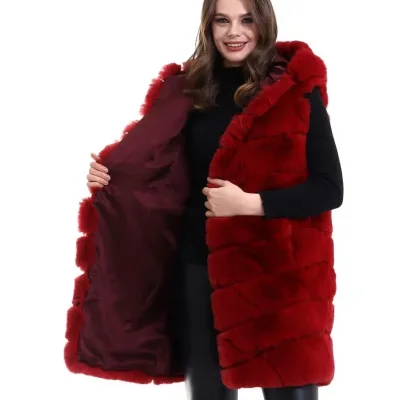 Women's Red Genuine Fur Hooded Vest 6