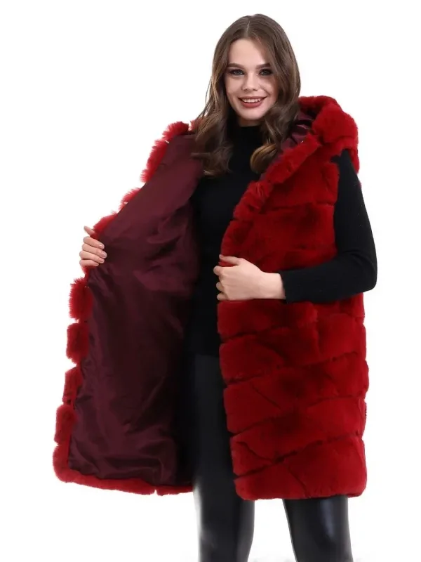 Women's Red Genuine Fur Hooded Vest 6