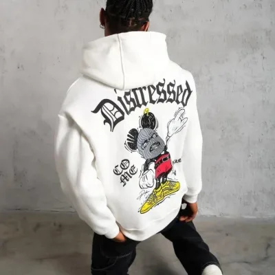 Męski biały oversize bawełniany sweter z nadrukiem, kapturem, kieszenią, 3-nitkowy 4