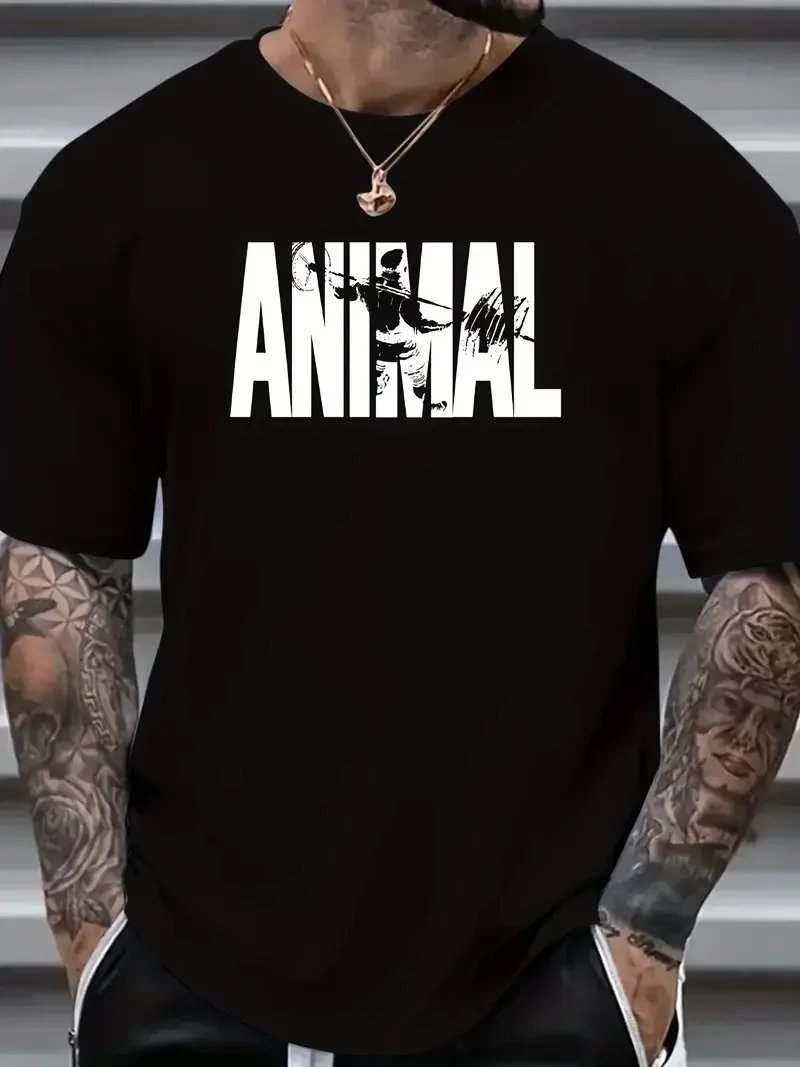 Ανδρικό Μαύρο Ποδήλατο Λαιμό Animal Εκτύπωση Καλοκαιρινό T-Shirt