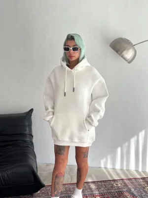 Γυναικείο Λευκό Oversize 3-κλωνο Βαμβακερό Φούτερ με Κουκούλα, Τσέπη Κάγκουρο