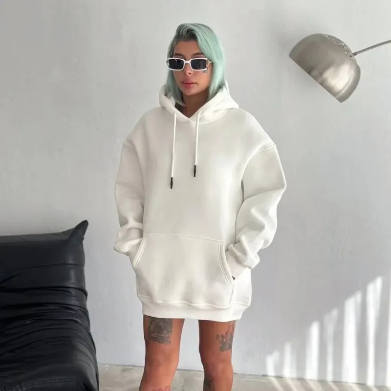 Jina Spî Oversize 3 Têl Pembû Kapşonlu Kangurû Cêplî Sweatshirt