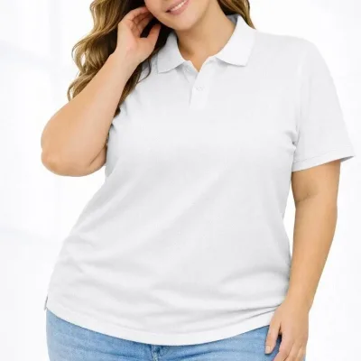 Ženska bela plus size pike tkanina polo kragna kratkih rukava majica 2