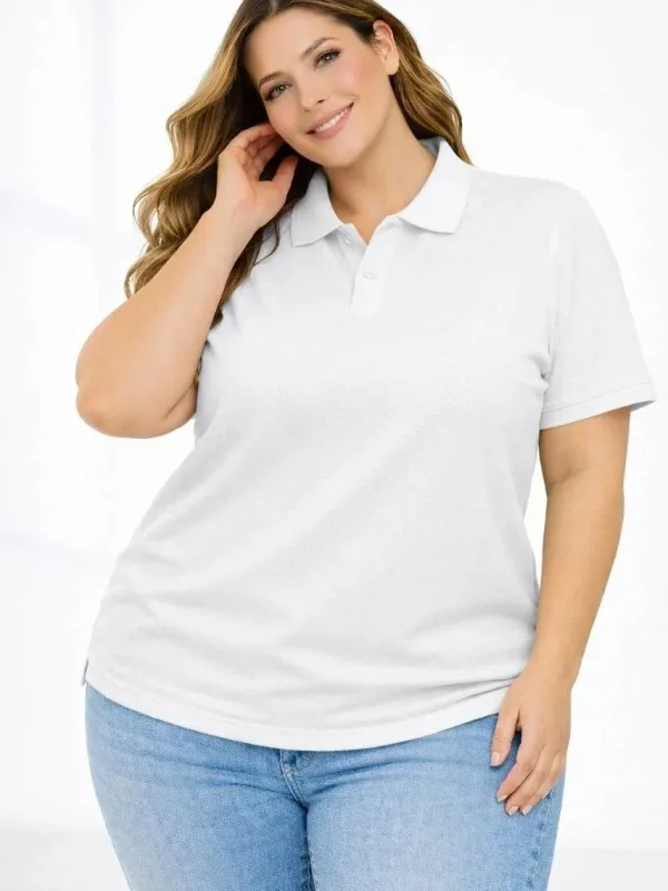 Ženska bela plus size pike tkanina polo kragna kratkih rukava majica 2