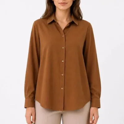 Women's Brown Long Sleeve Classic Collar Button Down Shirt 1