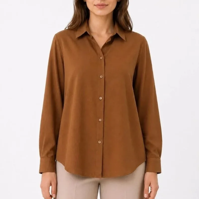 Women's Brown Long Sleeve Classic Collar Button Down Shirt