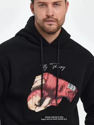 Pánské černé boxy 3-nitné bavlněné potištěné mikiny s kapucí