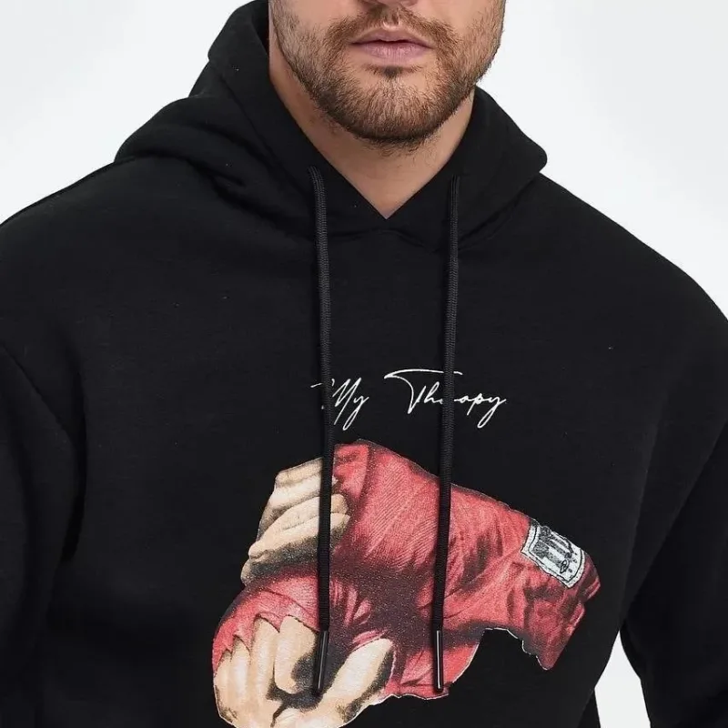 Férfi fekete boxy kapucnis 3 szálas pamut nyomott sweatshirt
