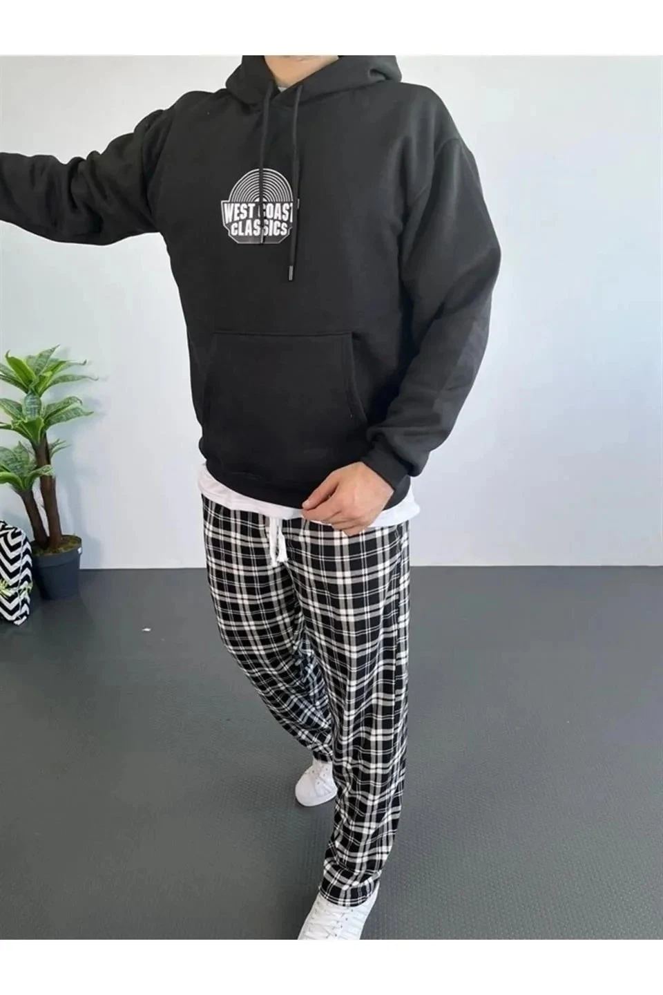 Férfi Fekete Oversize 3 Szálas Pamut Kapucnis Nyomtatott Sweatshirt