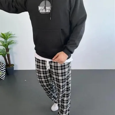 Férfi Fekete Oversize 3 Szálas Pamut Kapucnis Nyomtatott Sweatshirt 1