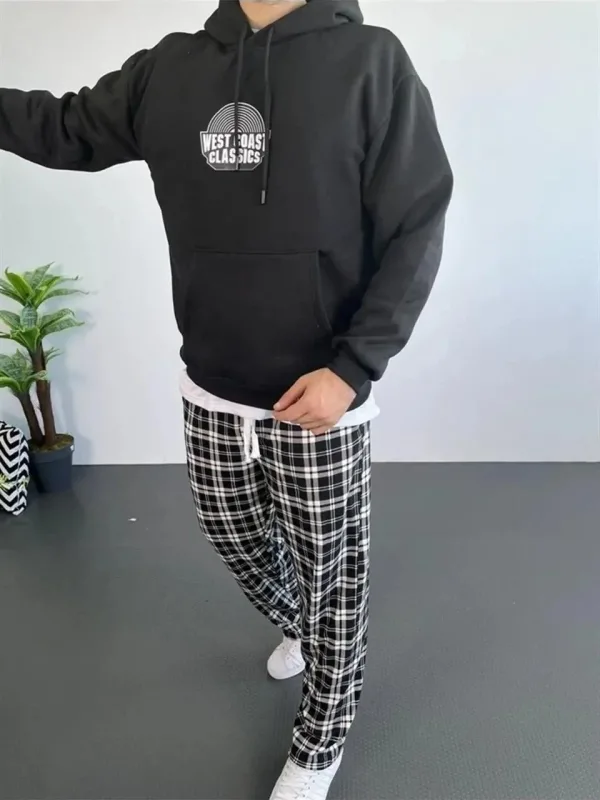 Férfi Fekete Oversize 3 Szálas Pamut Kapucnis Nyomtatott Sweatshirt 1