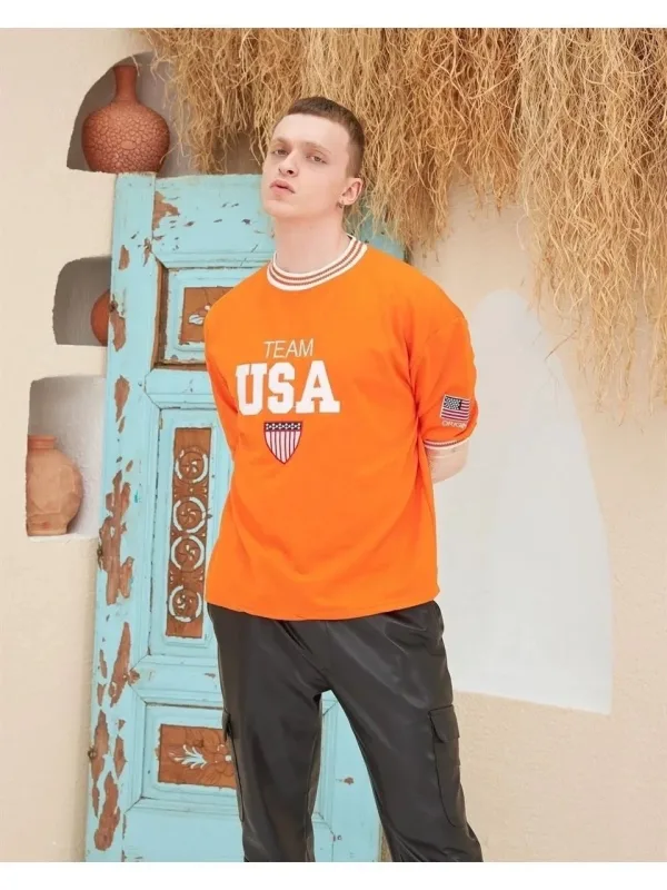 Машки портокалов oversize велосипед јака везена маица 1