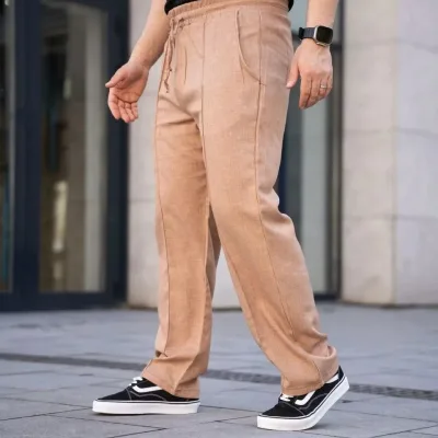 Pánske hnedé ľanové vreckové s dvojitým švom jogger nohavice 1