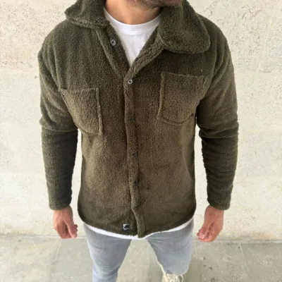 Pánský khaki fleecový svetr s límečkem, s knoflíky 2