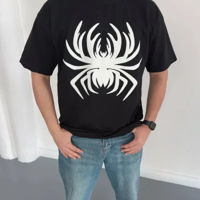 Ανδρικό Μαύρο Oversize Αράχνη Τυπωμένο Στρογγυλή Λαιμόκοψη Φανελάκι 3